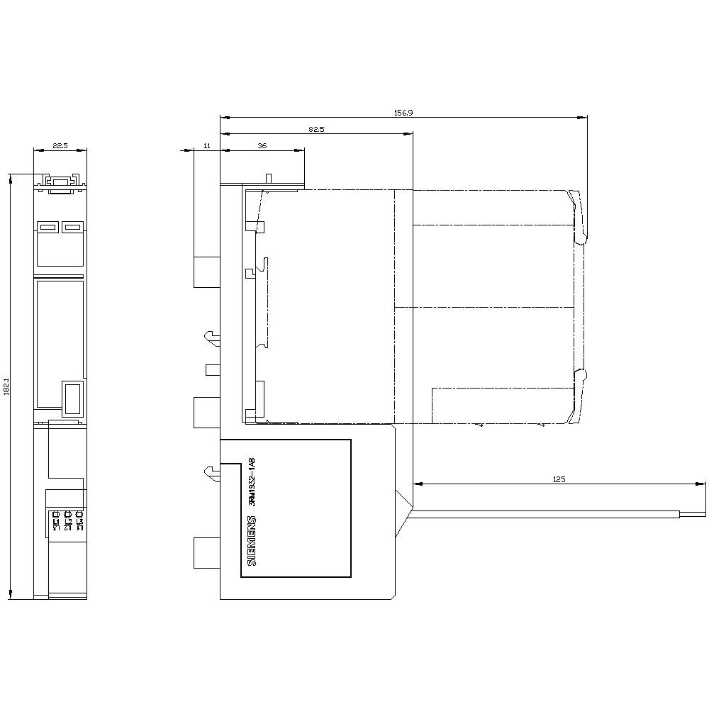 Technical drawing of an electronic device with front, side, and top views. Dimensions and connections are shown in detail.