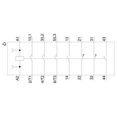 'Electrical Circuit Diagram: Shows an overview of the switchgear with contact designations A1, A2 and main contacts L1, T1, L2, T2, L3, T3.'