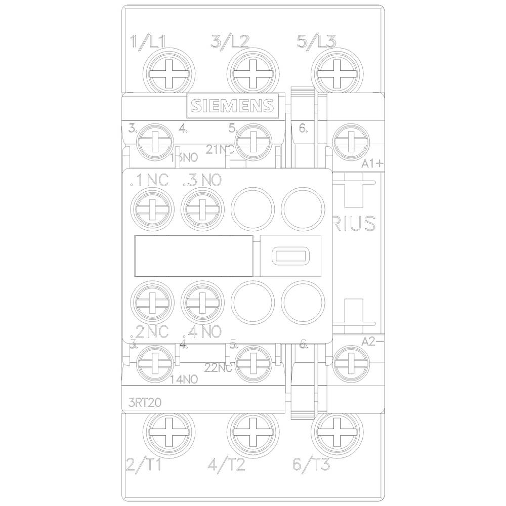 A circuit diagram of an electrical contactor with connections and symbols. Labelled points: L1, L2, L3, NO, NC and A1, A2.