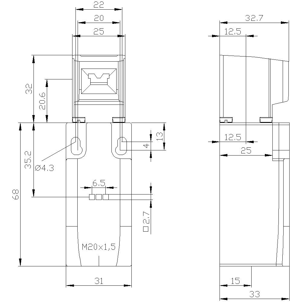 Technical drawing of a component with dimensions. Front and side views show size specifications in millimetres.