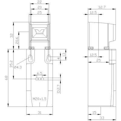 Technical drawing of a component with dimensions. Front and side views show size specifications in millimetres.