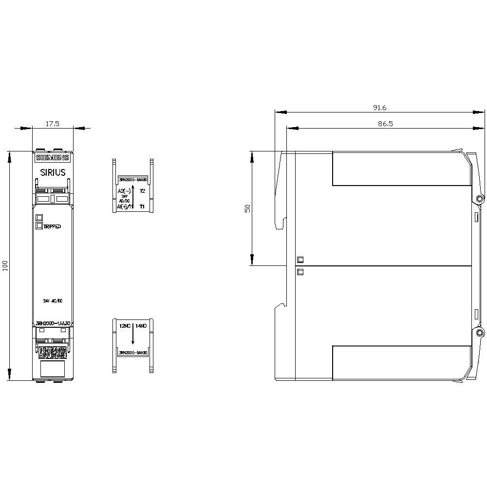 Technical drawing of an electrical contactor module of the "SIRIUS" brand with front and side views. Dimensions and connections shown.