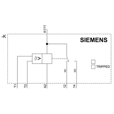 'Siemens' Circuit Diagram: Shows a circuit with a contactor, marked as 'V', and terminals T1, T2, A1/11, A2, NC, NO. Tripped indicator present.