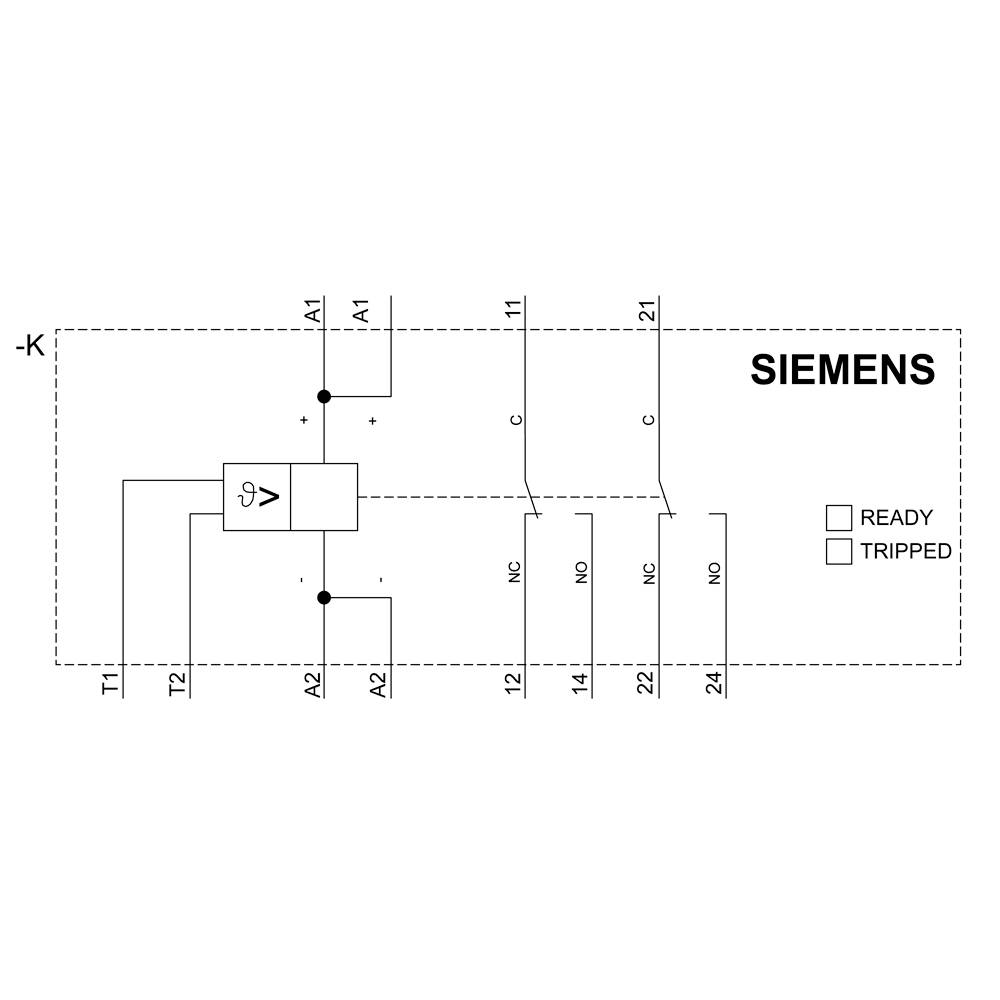 Circuit diagram with a Siemens protective switch. The terminals T1, T2, A1, A2, 11, 12, 14, 21, 22, 24 are marked. Status indicators: 'READY', 'TRIPPED'.