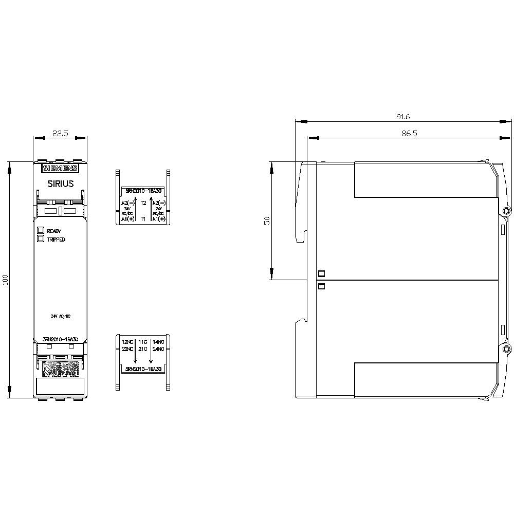 Technical drawing of a SIRIUS switching device, with detailed dimensions in millimetres, showing front and side views.