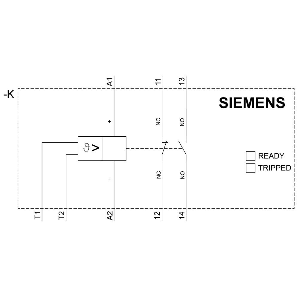 Circuit diagram shows a Siemens contactor circuit with coil, terminal connections T1-T2, A1-A2 and feedback contacts. Labels: 'READY', 'TRIPPED'.