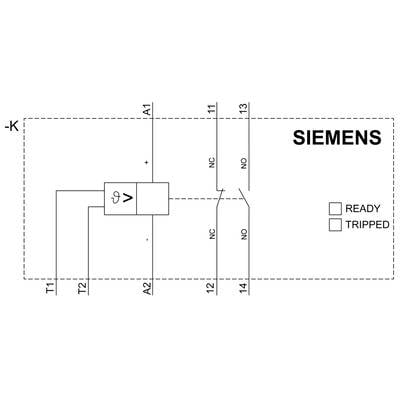 Circuit diagram shows a Siemens contactor circuit with coil, terminal connections T1-T2, A1-A2 and feedback contacts. Labels: 'READY', 'TRIPPED'.