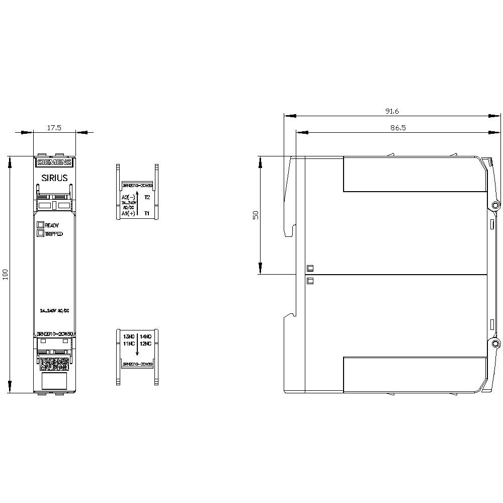 Technical drawing of a device with dimensions. Left: Front view with label 'SIRIUS'. Right: Side view. Dimensions in mm.