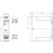 Technical drawing of an electrical device with dimensions. Front and side view showing detailed connection diagrams and measurements.
