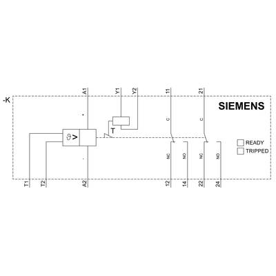 'Circuit diagram of a Siemens relay with coil voltage and switching contacts. Status indicators: READY and TRIPPED.'