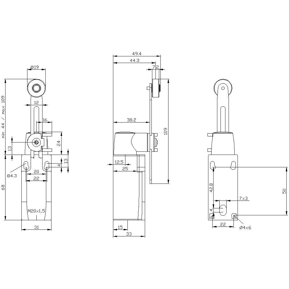 Technical drawing of a mechanical component with detailed dimensional specifications in millimetres, front and side view.