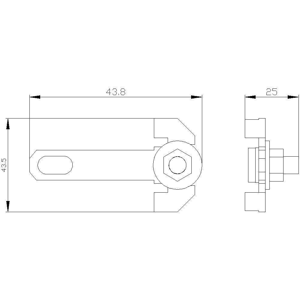 Technical drawing of a metal component with dimensions. Length 43.8 mm, width 25 mm. Side and top view with screw illustrated.