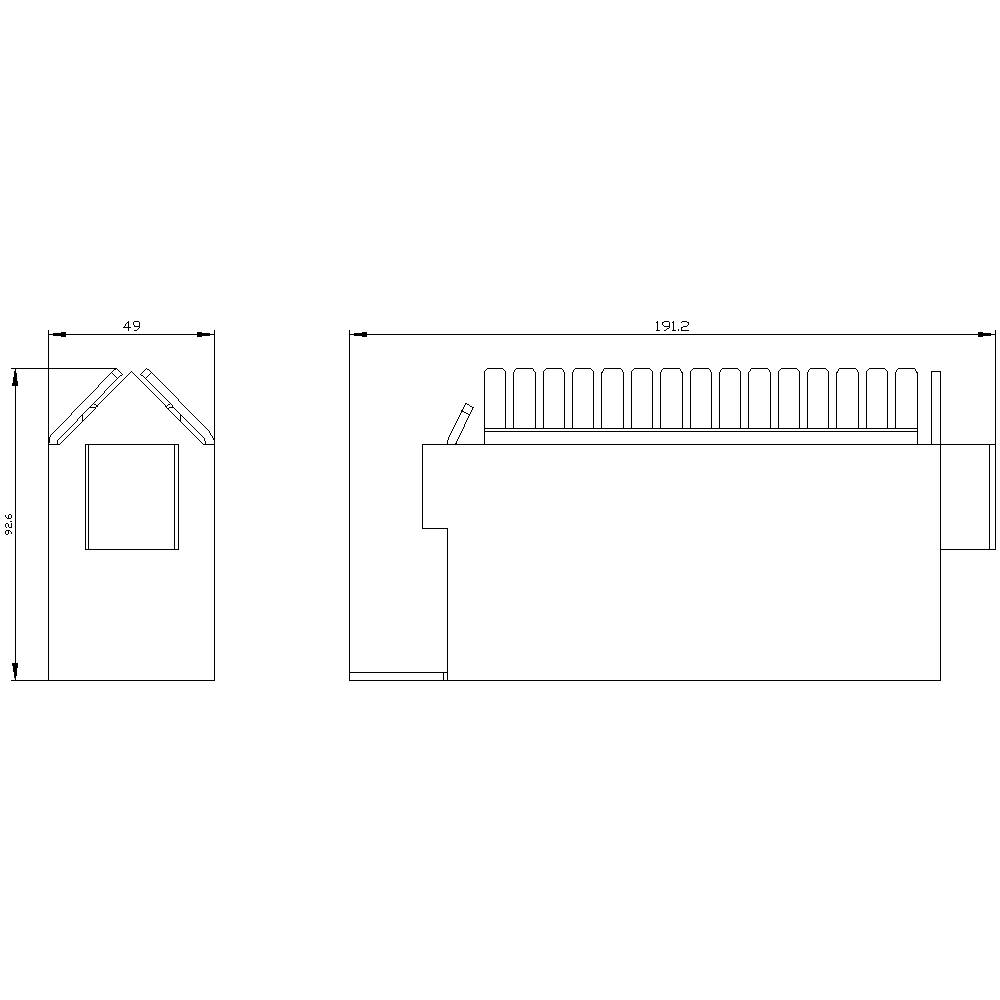 Technical drawing of a rectangular object with dimensions. Front and side view, with a roof and measured height of 78.5.