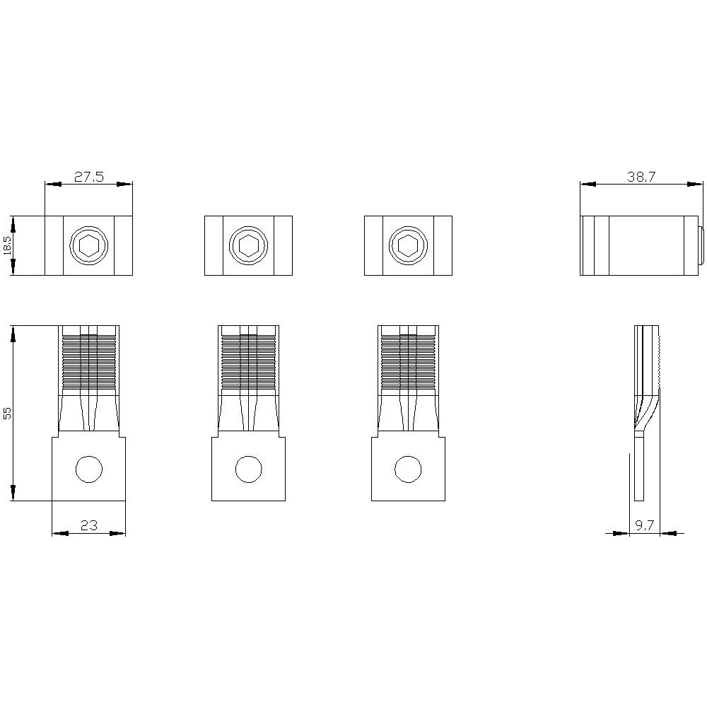 Technical drawing of a component with dimensions: width 27.5 mm, height 55 mm, length 38.7 mm. Multiple views are shown.