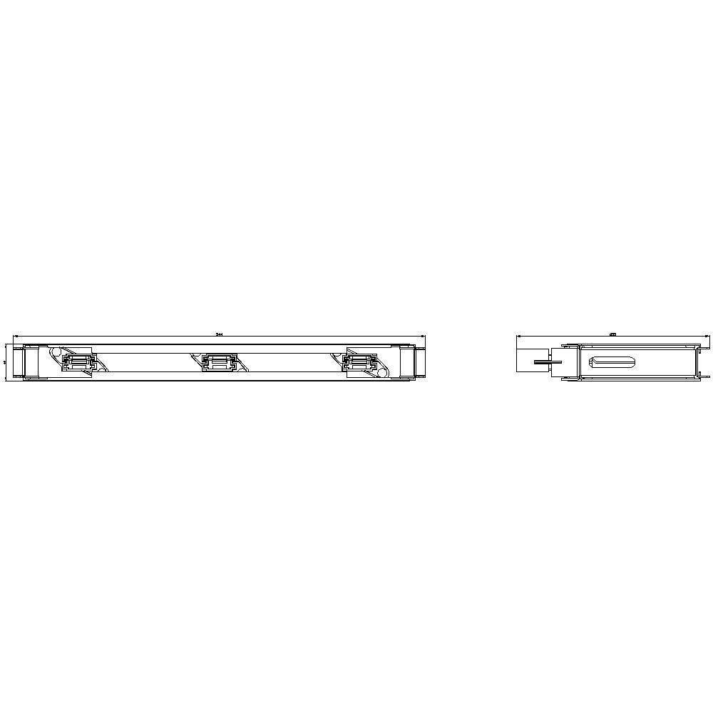 Technical drawing of a bar light with two views: side view and top view. Mounting brackets and wiring channels are visible.