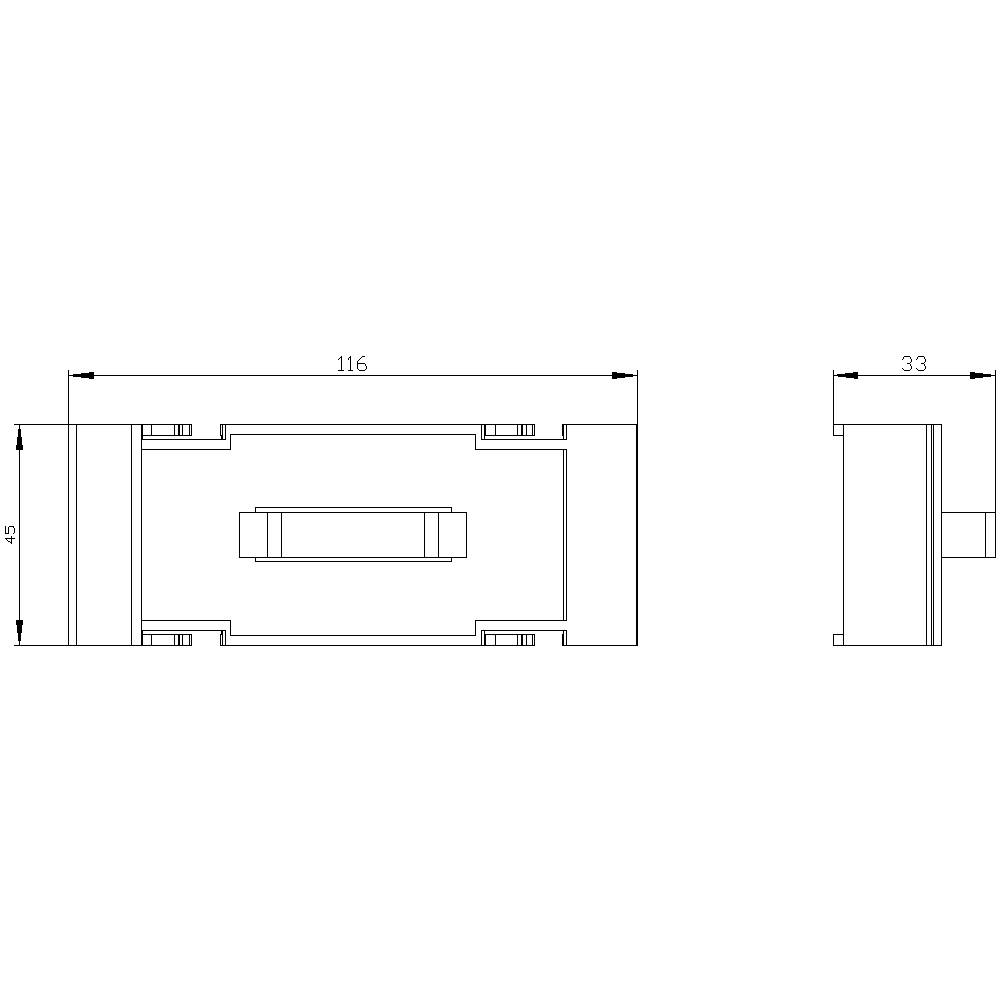 Technical Drawing: Front and Side View of a Rectangular Component. Dimensions: 116x45 mm, Depth 33 mm.