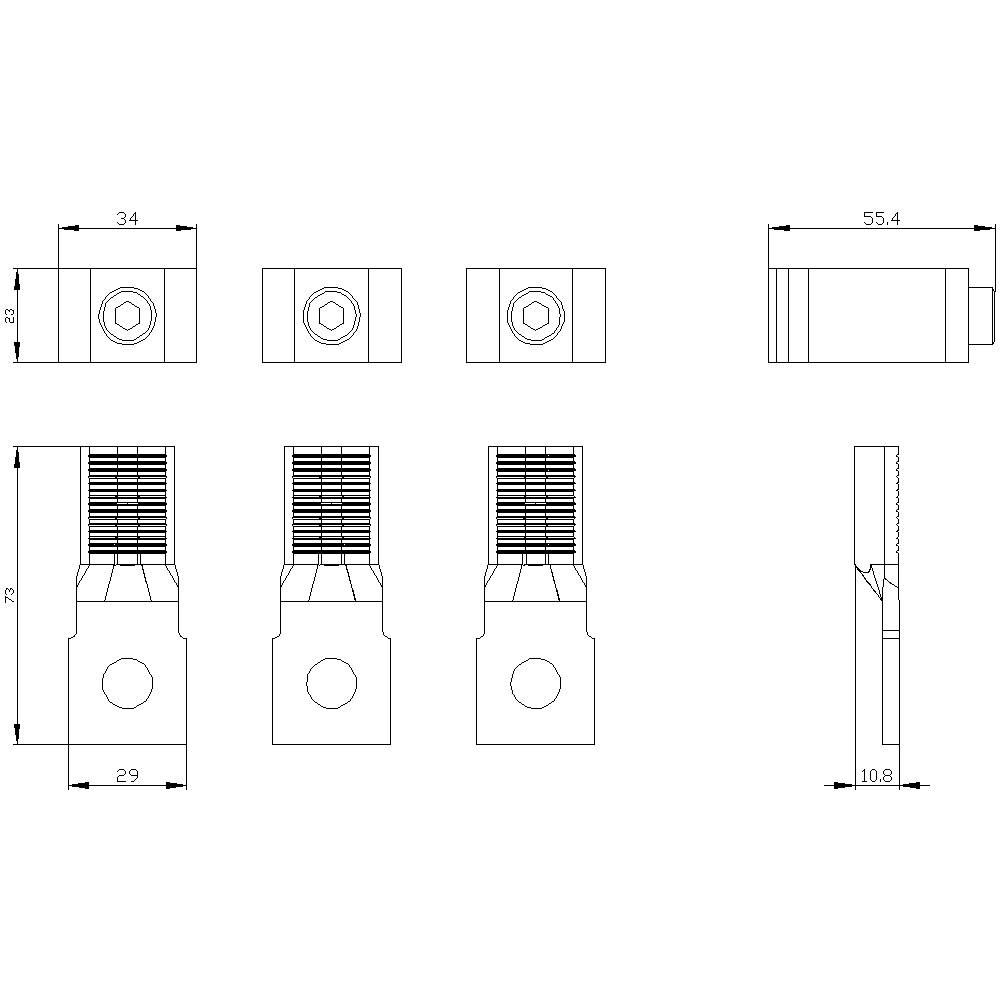 Technical drawing of a mechanical component with front, side, and top views, with dimensions in millimetres.