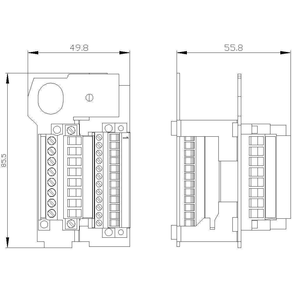 Technical drawing shows an electrical terminal module with dimensions: width 49.8 mm, height 85.5 mm, depth 55.8 mm. Top view and side view are depicted.