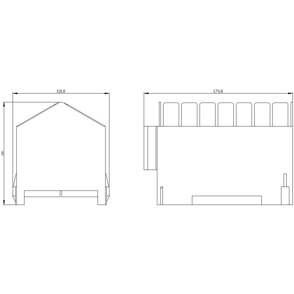 'Dimensioned drawing of a building with front view on the left and side view on the right. Width: 110.0 and 170.0, Height: 114.0.'
