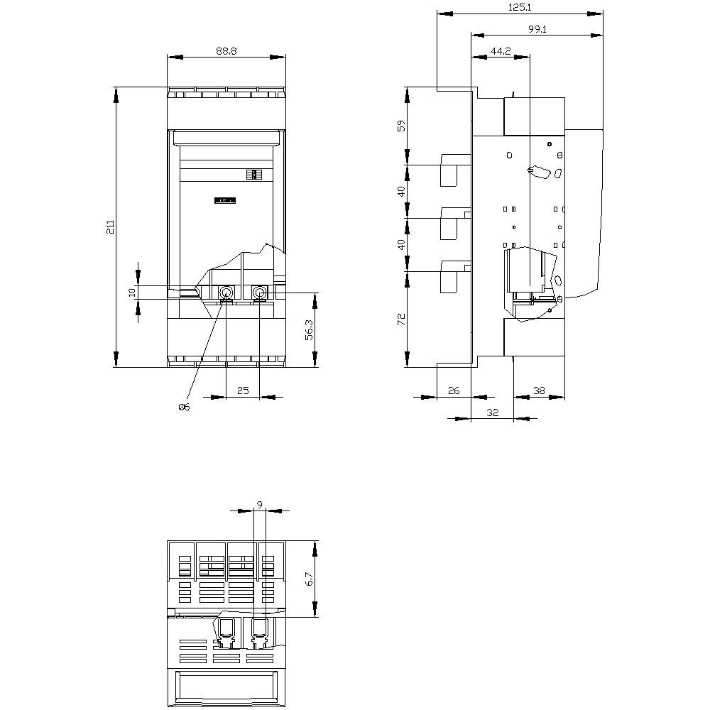 Technical drawing of an electrical switch with three views: front, side, and top view. Dimensions specified in millimetres.