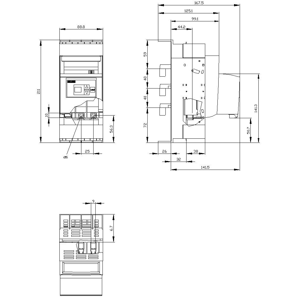 Technical Drawing of a Control Cabinet Module with Detailed Dimensions in Millimetres, Comprising Front and Side Elevation Views.