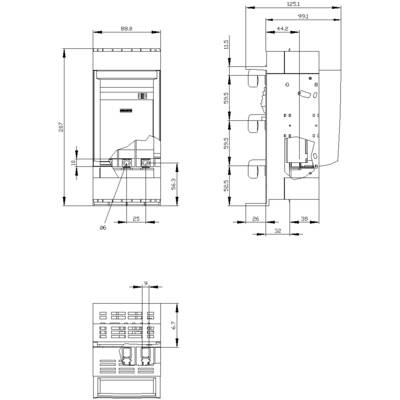 Technical drawing of a machine with detailed measurements in millimetres. Front, side, and top views are depicted.