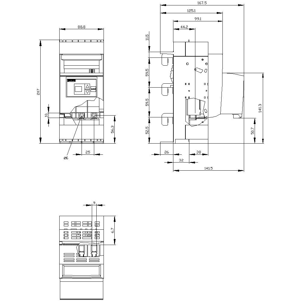 Technical drawing of a machine with front and side view. Dimensions are indicated in millimetres. Main components and dimensions are marked.