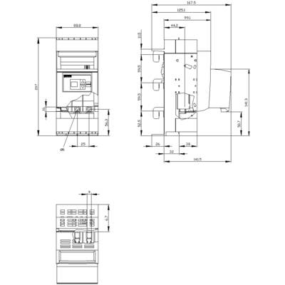 Technical drawing of a machine with front and side view. Dimensions are indicated in millimetres. Main components and dimensions are marked.