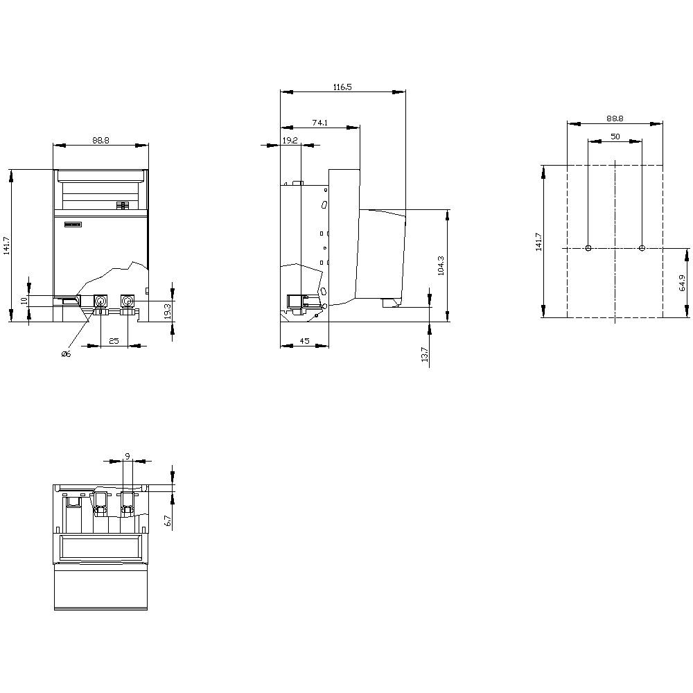 Technical drawing of a device from various perspectives with dimensions. Main view shows details of width, height, and depth.