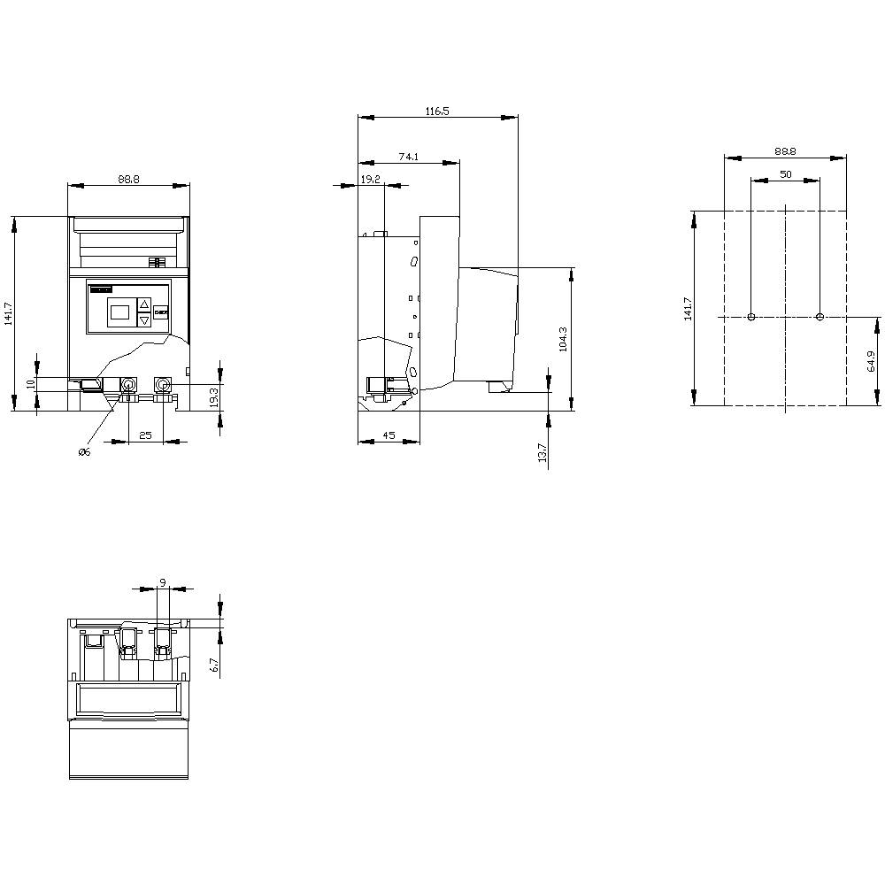 Technical drawing of a device with front and side view, including detailed dimensions and labels.