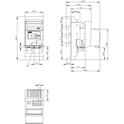 Technical drawing of an electrical cabinet with front, side, and top views. Dimensions and components are shown in detail.
