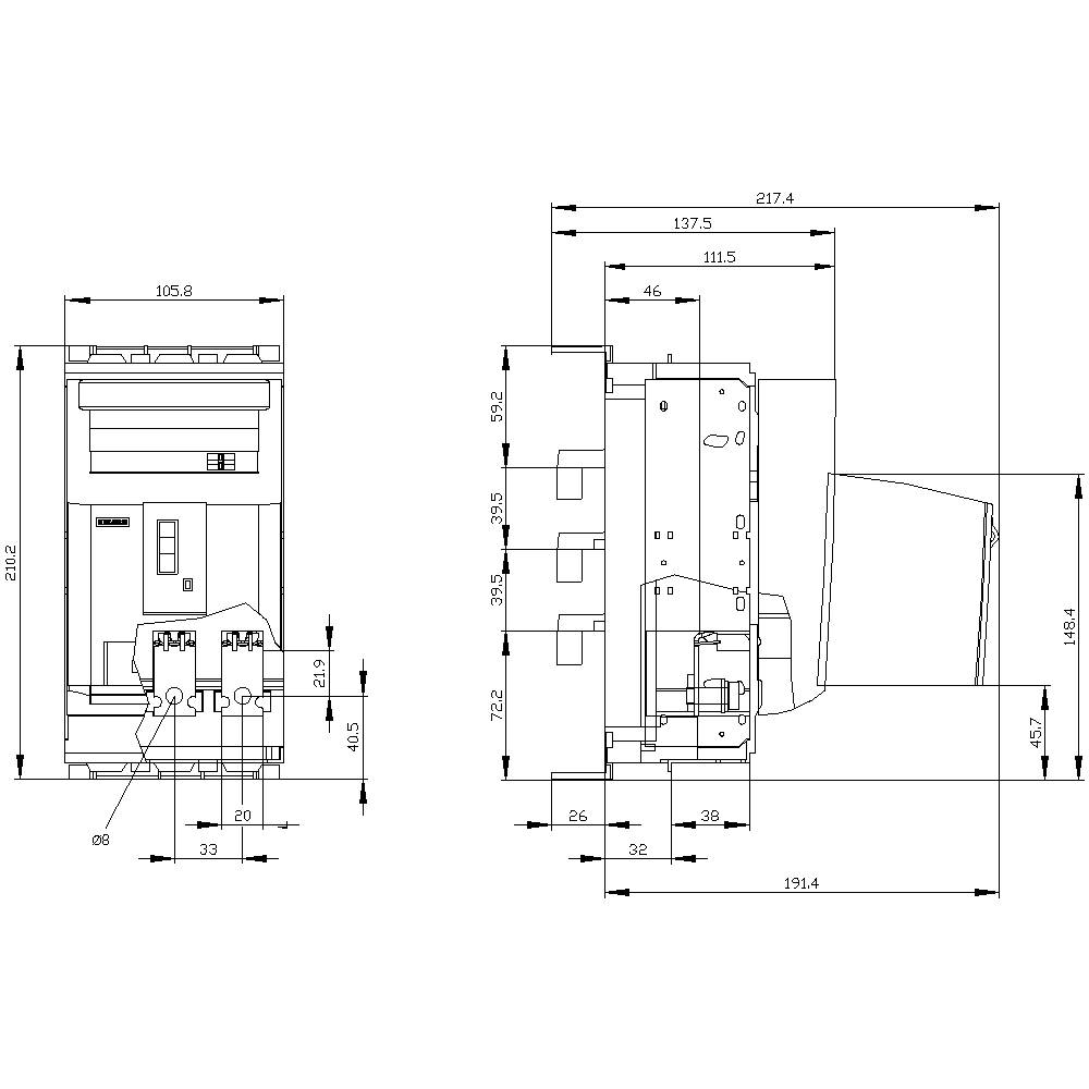 Technical drawing of an electrical device with side and front view, detailed dimensions and connection positions.
