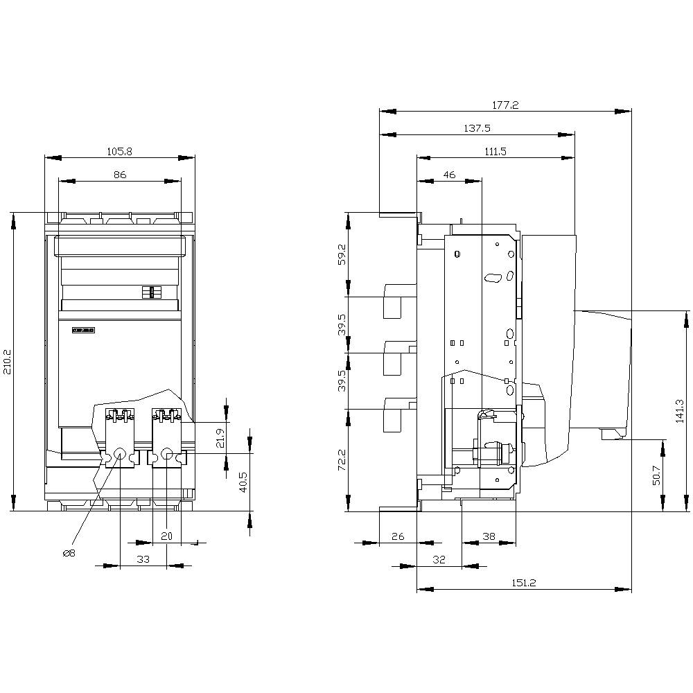 Technical Drawing of a Control Cabinet: Front and Side View with Precise Measurements in Millimetres.