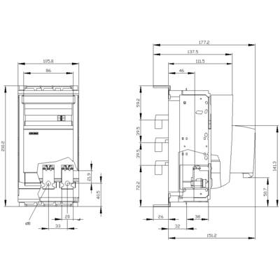 Technical Drawing of a Control Cabinet: Front and Side View with Precise Measurements in Millimetres.