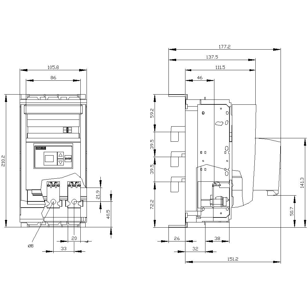Technical drawing of a switch with detailed dimensions in millimetres. Front and side view with labels.