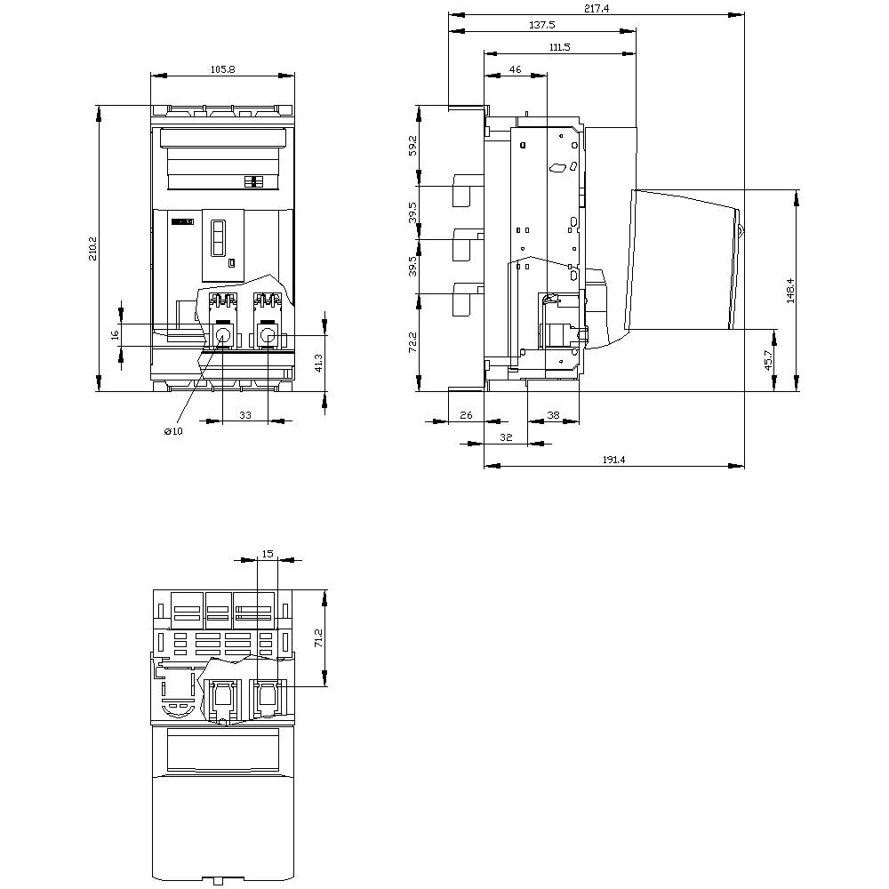 Technical drawing of an electrical device with precise dimensional specifications. Representation of front, side, and rear views.