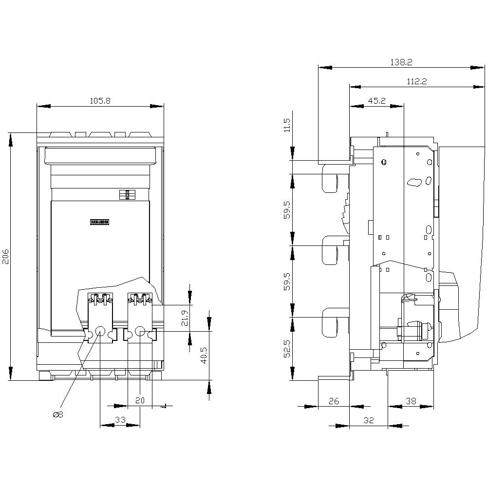 Technical drawing of a device from front and side views, with detailed measurements in millimetres, showing construction components and dimensions.