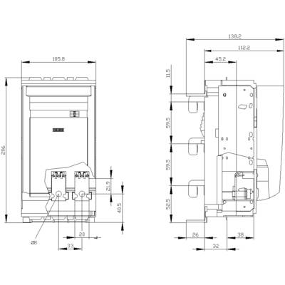 Technical drawing of a device from front and side views, with detailed measurements in millimetres, showing construction components and dimensions.