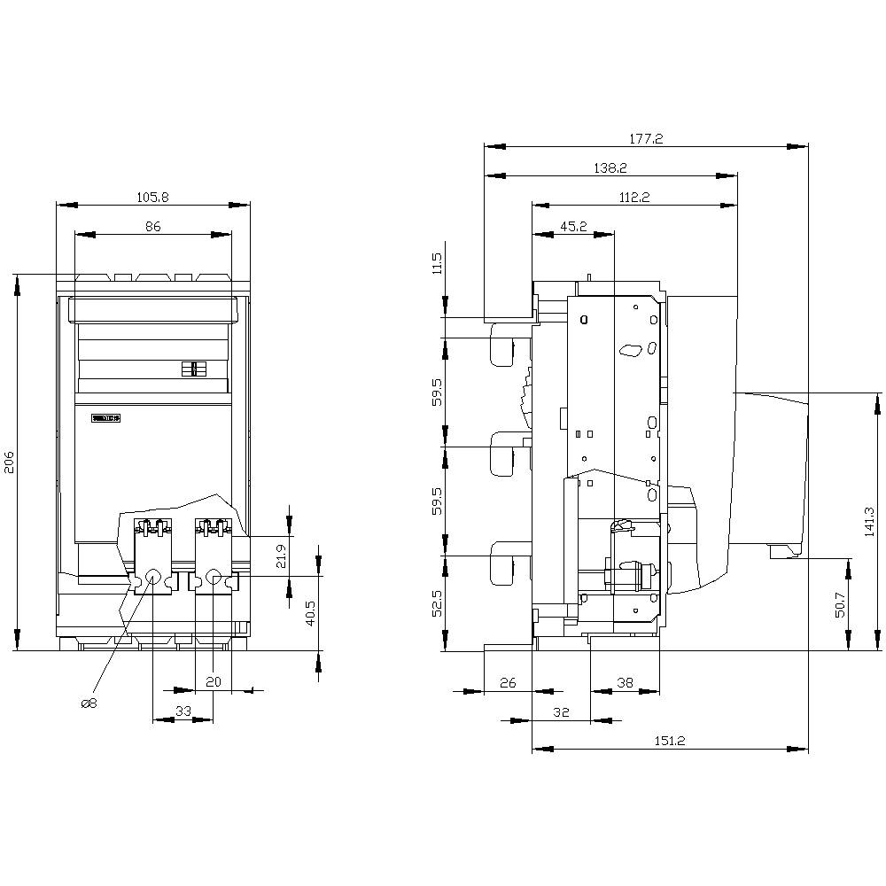 Technical drawing of a device with detailed measurements in millimetres. Front and side view showing height, width, and depth.