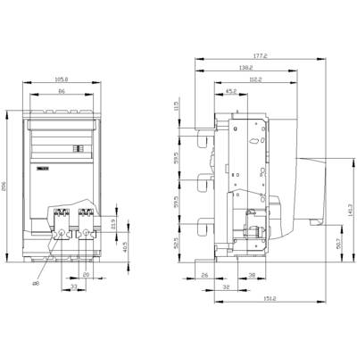 Technical drawing of a device with detailed measurements in millimetres. Front and side view showing height, width, and depth.