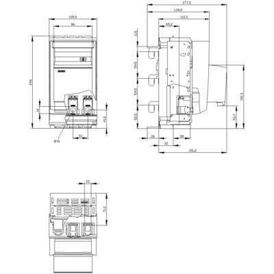 Technical drawing of a device with front and side views, detailed dimensions in millimetres. Main components are labelled.