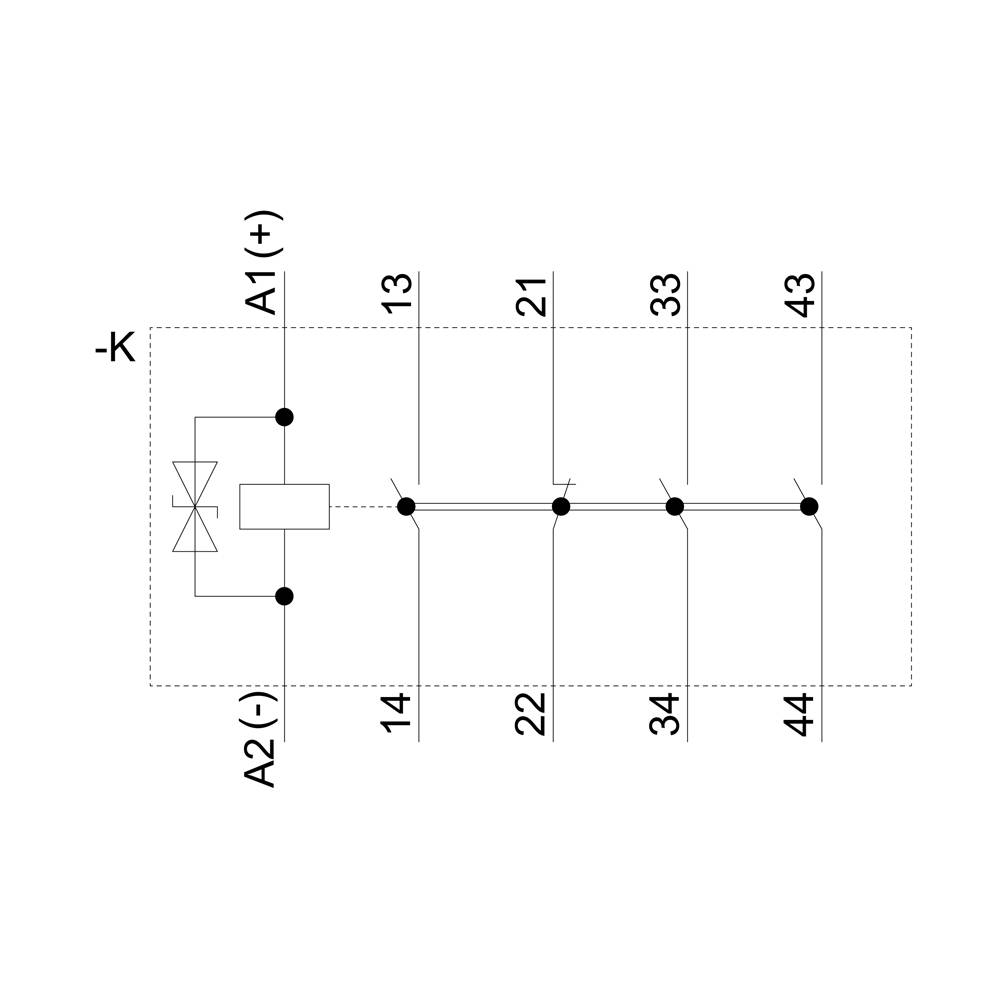 Circuit diagram of a relay circuit with coil terminals A1 (+) and A2 (-) on the left, followed by contact points 13, 21, 33, 43, 14, 22, 34, 44 on the right.