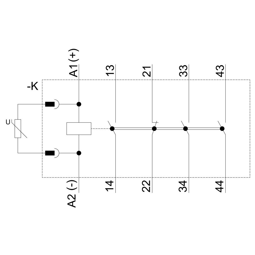 'Circuit diagram of a relay with coil terminals A1, A2, contacts 13-14, 21-22, 33-34, 43-44 and coil voltage U.'
