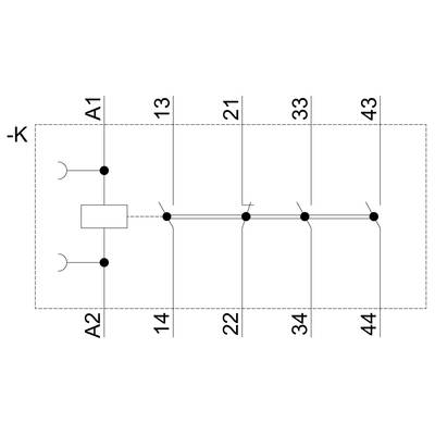 'Electrical Circuit Diagram: Series Circuit with Switch, Resistors and Connections. Terminals from A1 to A2, 13 to 43.'