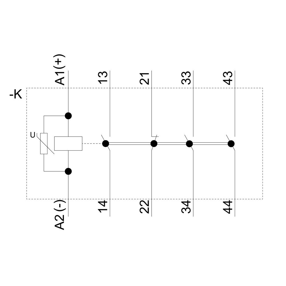 Circuit diagram of a relay system with terminals A1(+), A2(-) and numbered terminals 13, 14, 21, 22, 33, 34, 43, 44.