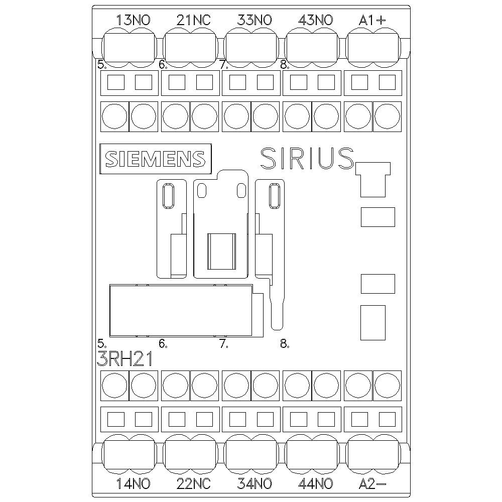 Contact designations of a Siemens Sirius relay module with labels '13NO', '21NC', '33NO', '43NO', 'A1+', '14NO', '22NC', '34NO', 'A2-'.