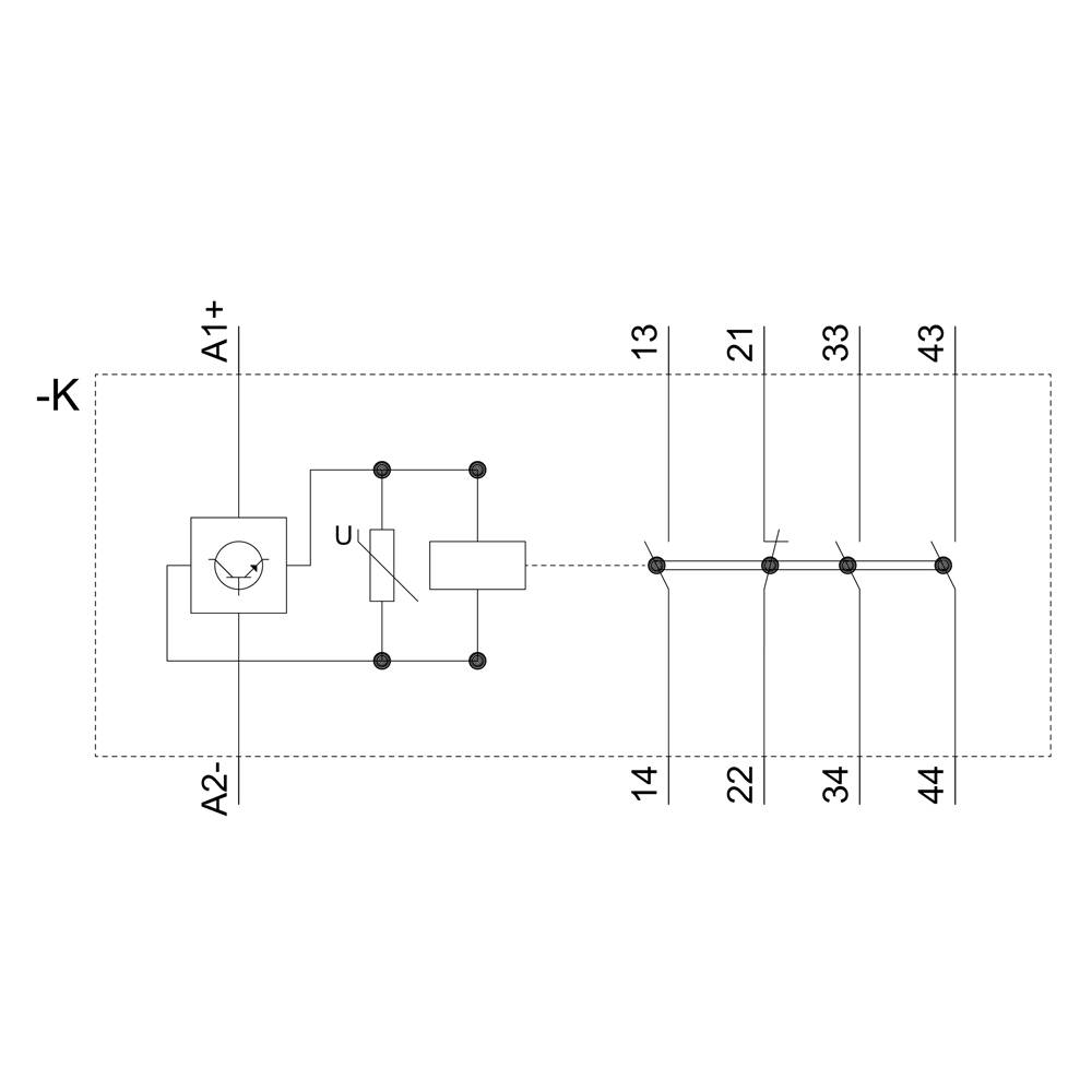 Circuit diagram of a contactor with coil (K) and four normally open contacts. Terminals are A1+, A2-, 13, 14, 21, 22, 33, 34, 43, 44.