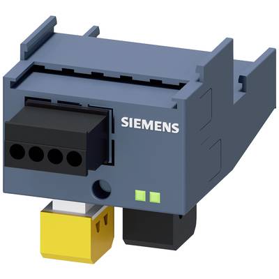 A blue electrical device by Siemens, fitted with a black connection and yellow and black components at the bottom.