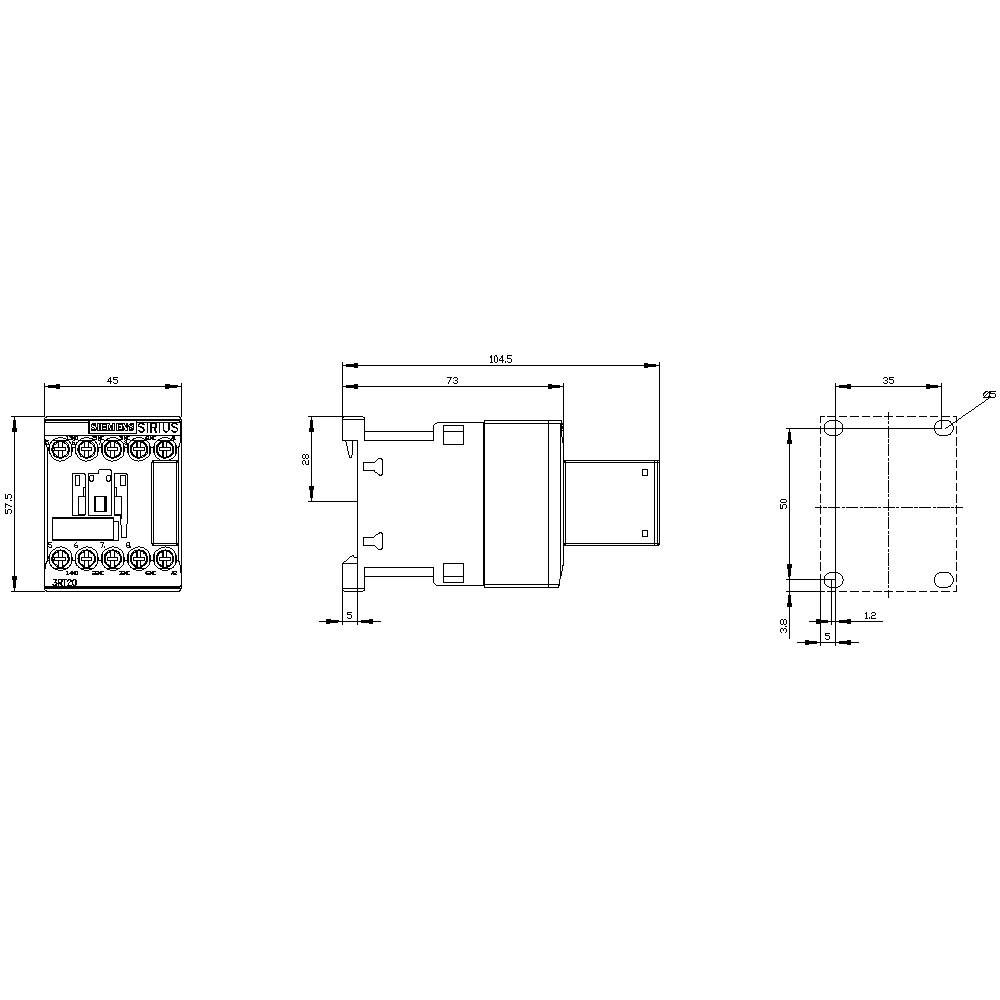 Technical drawing of a device with three views: front, side, and top. Includes dimensions and connections of the device.