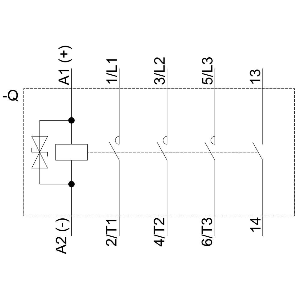 Diagram of a circuit diagram with a relay, marked as A1 (+) and A2 (-). Connections to 1/L1, 3/L2, 5/L3, 2/T1, 4/T2, 6/T3, 13, 14.